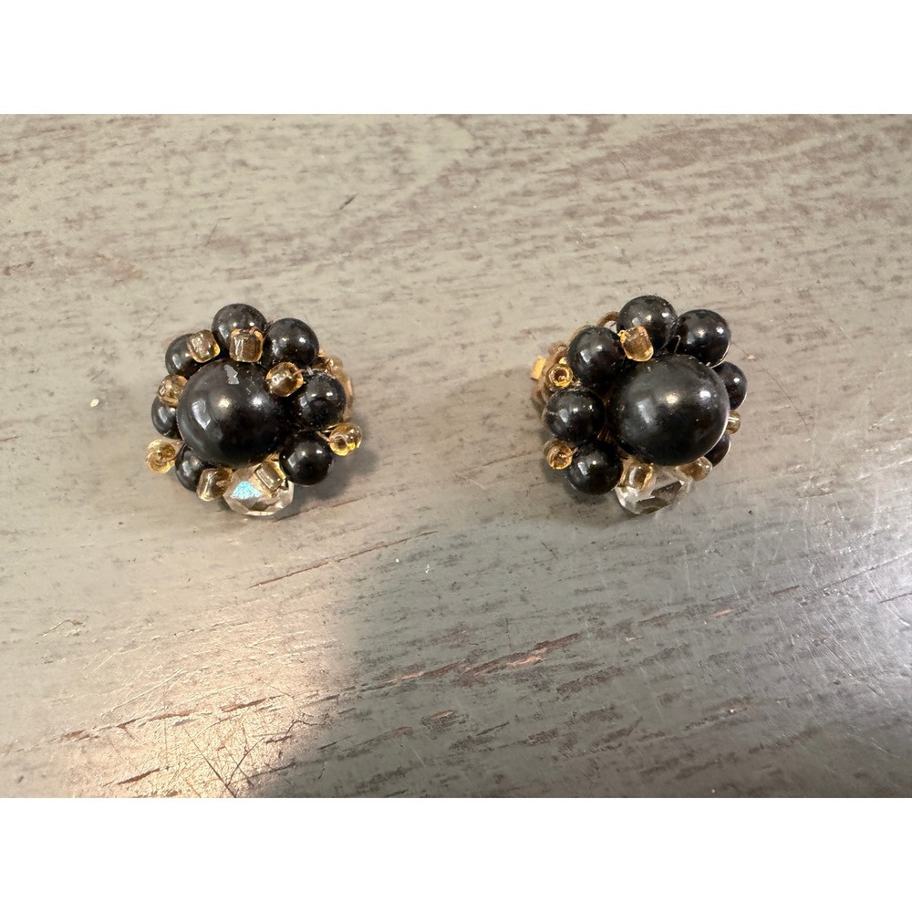 Vintage Vendome Black Faux Pearl Amber Bead Cluster Clip On Earrings Gold Tone